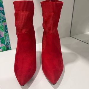 Red suede and knit shoe booties